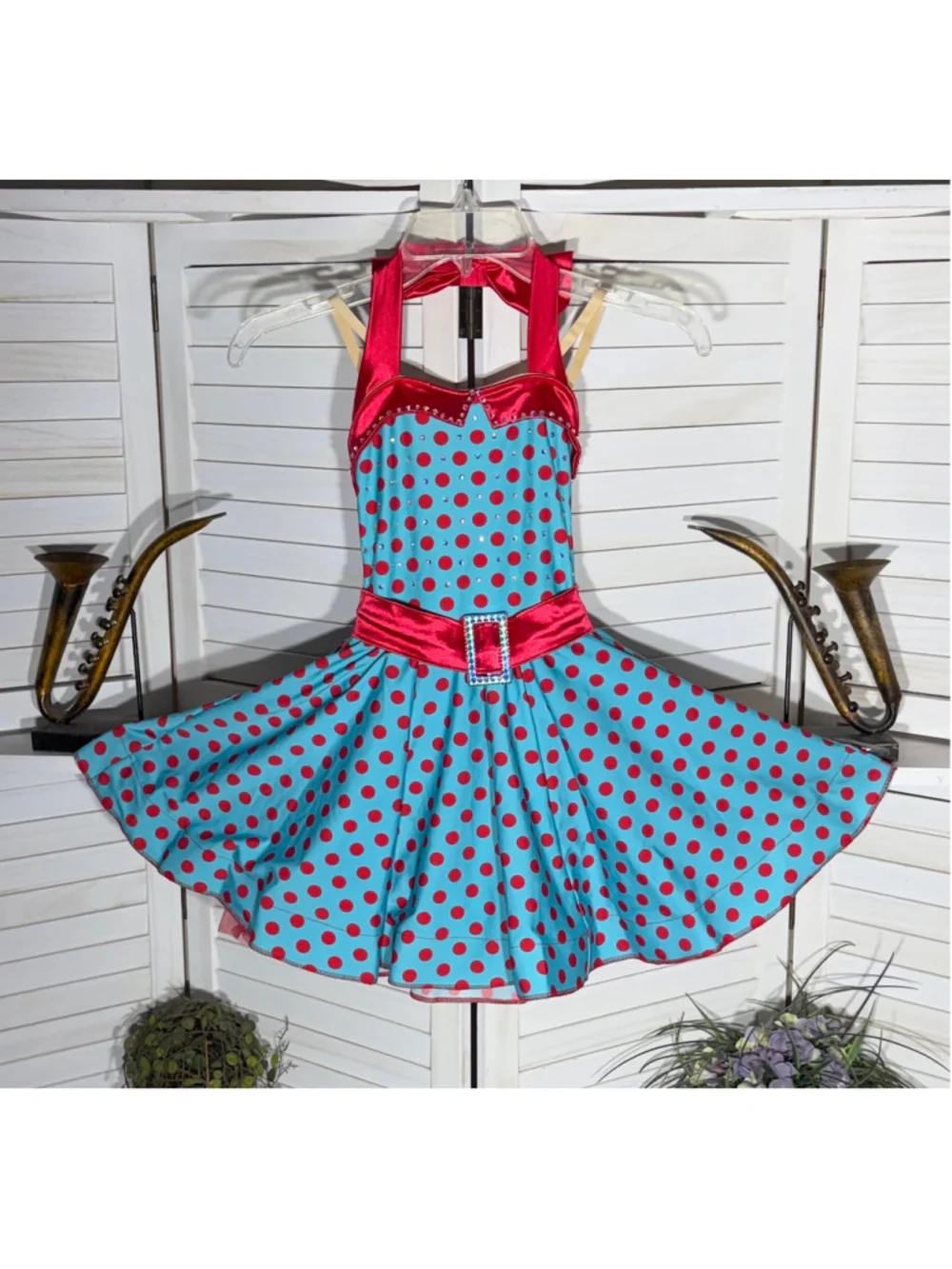 Child's pinup girl dress retro 50s style blue red polka dot Halloween costume S